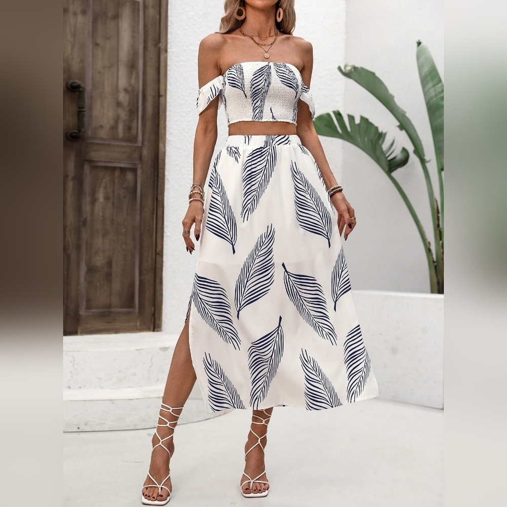 Women's Summer Leaf Print Halter Neck Backless Top With High Split Sk - Picture 3 of 3